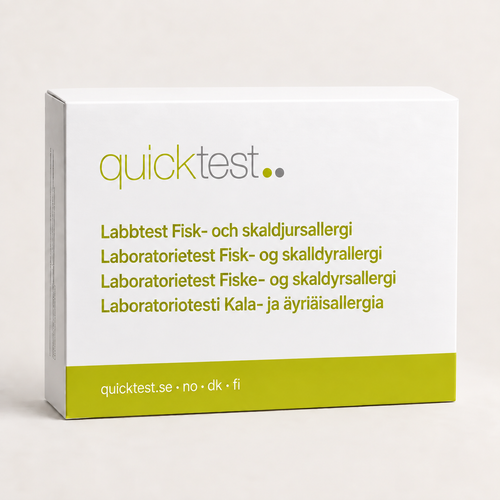 Quicktest Fisk- och skaldjursallergi – förpackning för allergilabbtest med provtagning hemma, på svenska, norska, danska och finska