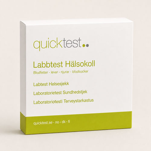 Terveystarkastus - veren rasva-arvot, maksa, munuaiset & verensokeri - Quicktest laboratoriotesti, pakkaus