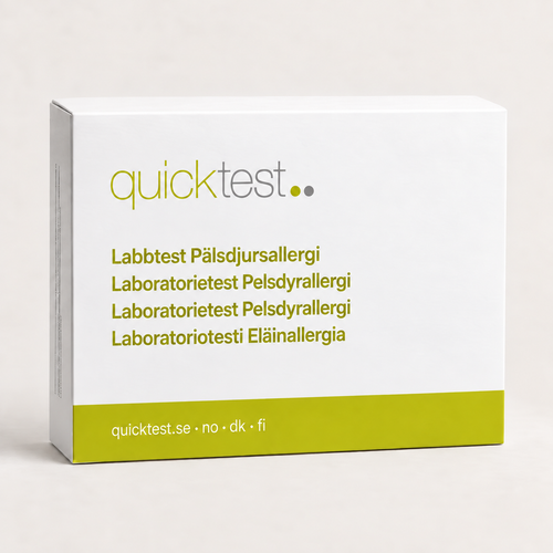 Quicktest Pälsdjursallergi – förpackning för allergilabbtest med provtagning hemma, på svenska, norska, danska och finska