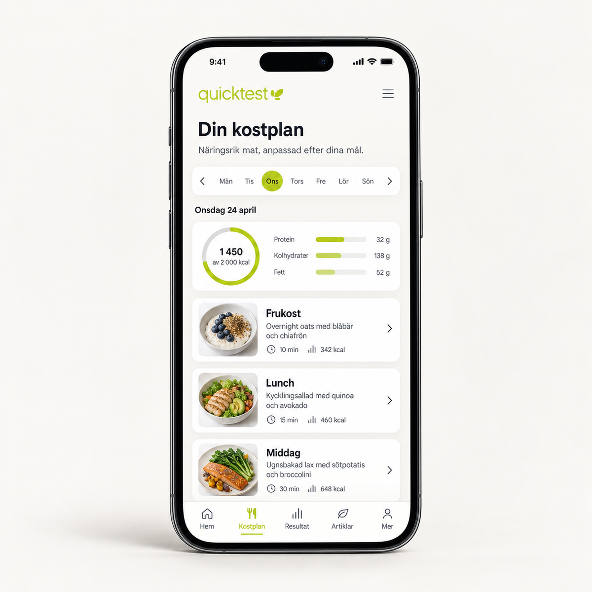 Henkilökohtainen ruokavaliosuunnitelma Quicktest-terveysportaalissa iPhonella