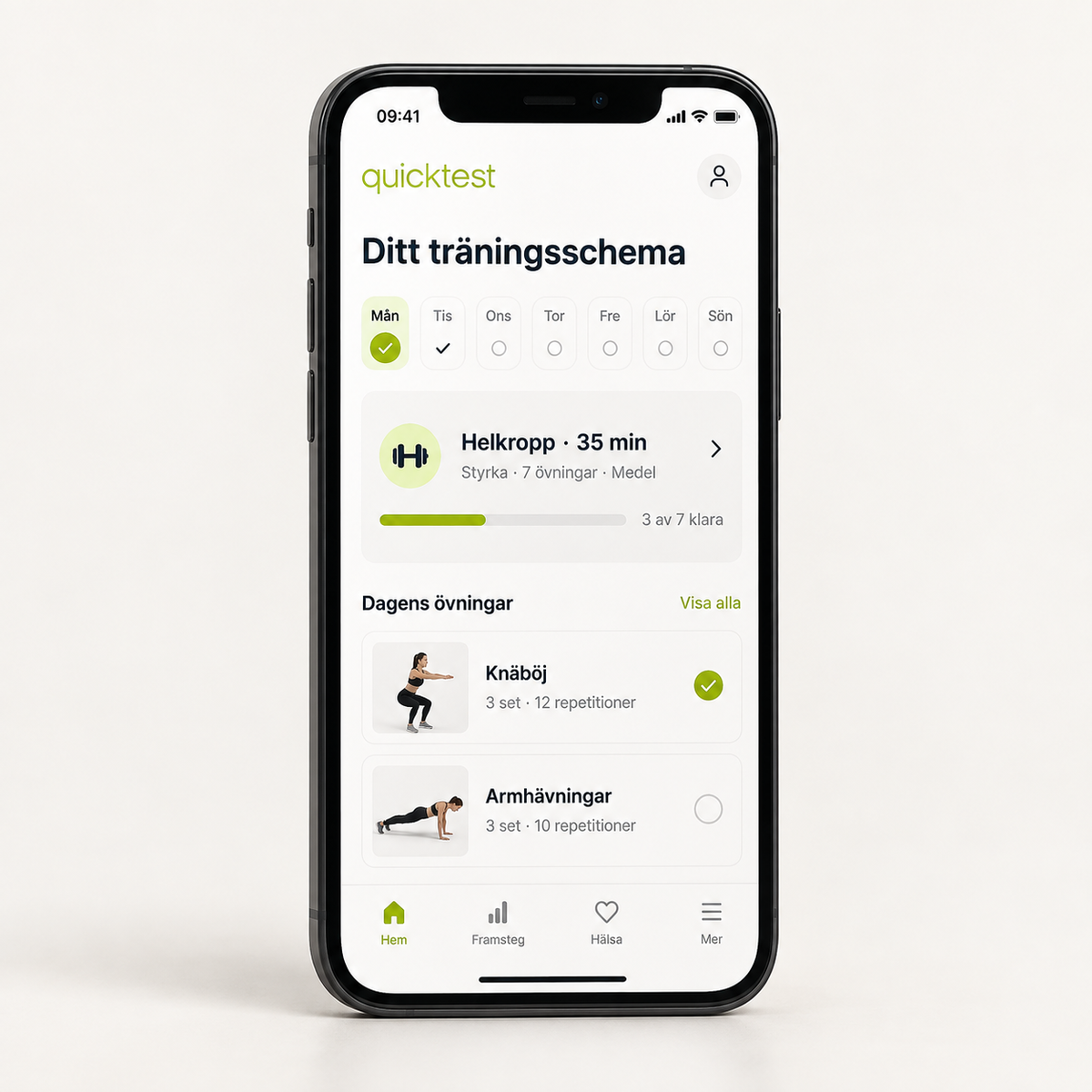 Henkilökohtainen harjoitussuunnitelma Quicktest-terveysportaalissa iPhonella