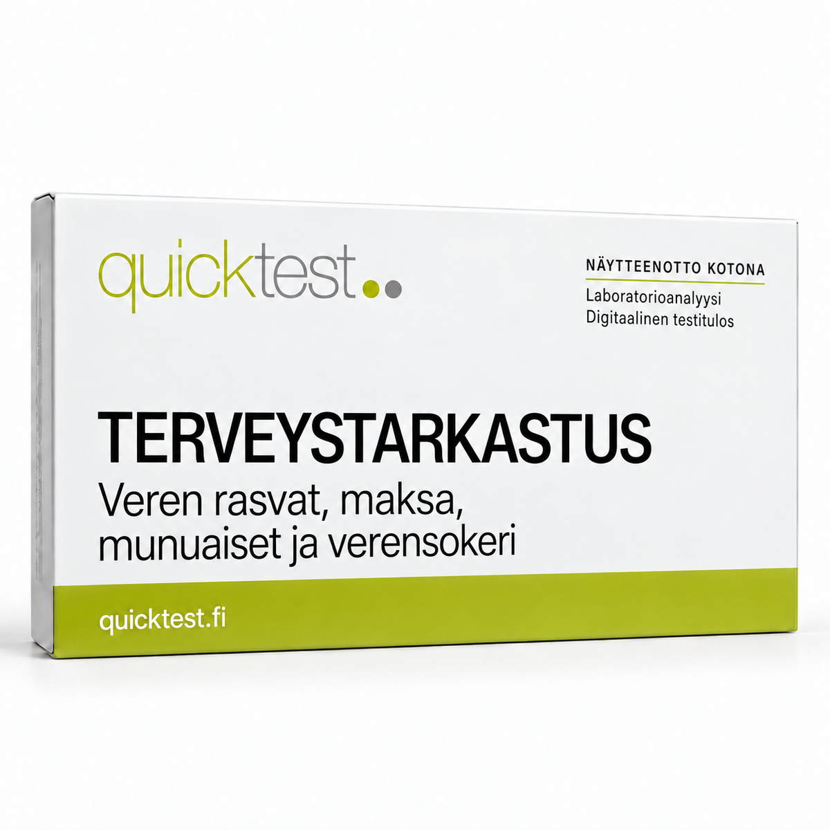 Quicktest TERVEYSTARKASTUS – Veren rasvat, maksa, – munuaiset ja verensokeri – suomenkielinen tuotekuva