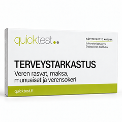 Quicktest TERVEYSTARKASTUS – Veren rasvat, maksa, – munuaiset ja verensokeri – suomenkielinen tuotekuva