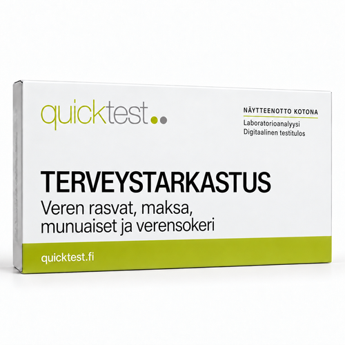 Quicktest TERVEYSTARKASTUS – Veren rasvat, maksa, – munuaiset ja verensokeri – suomenkielinen tuotekuva