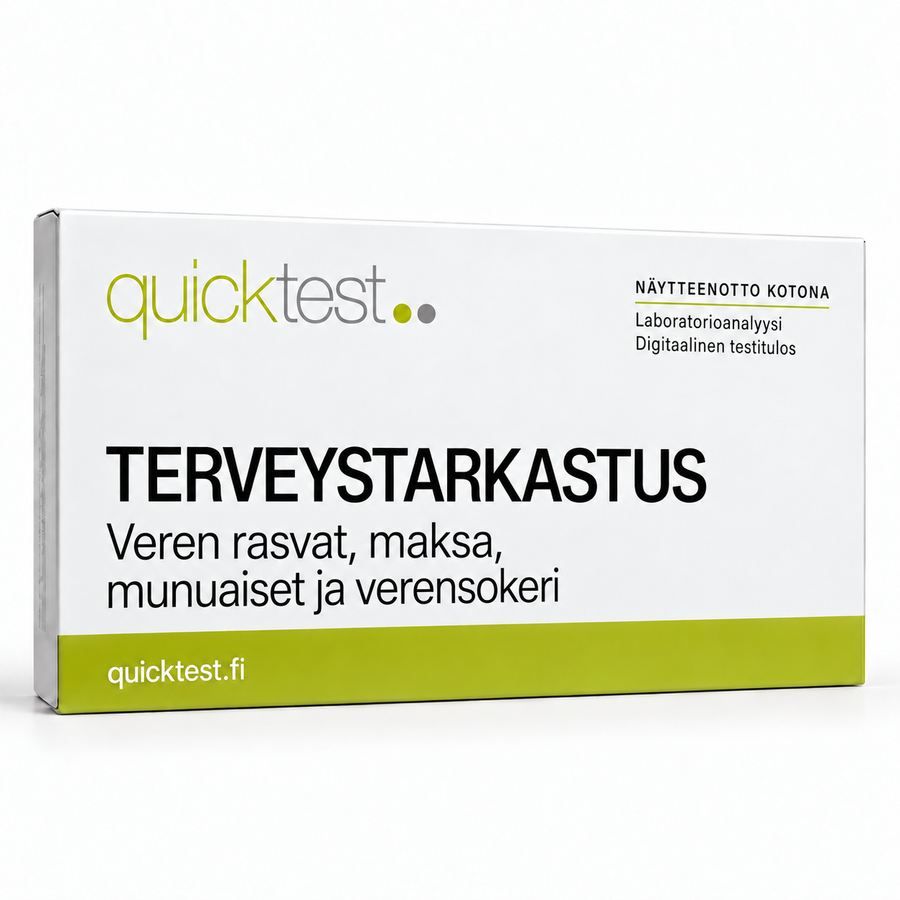 Quicktest TERVEYSTARKASTUS – Veren rasvat, maksa, – munuaiset ja verensokeri – suomenkielinen tuotekuva